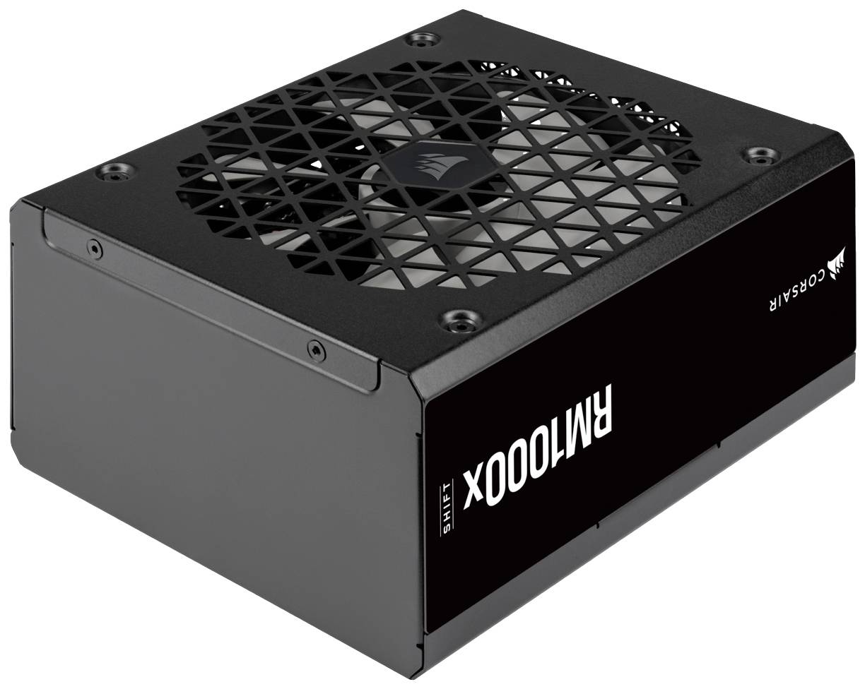 Nell'immagine è raffigurato un alimentatore con griglia di ventilazione sulla parte superiore. Reca l'etichetta 'RM1000X' ed è del marchio Corsair.