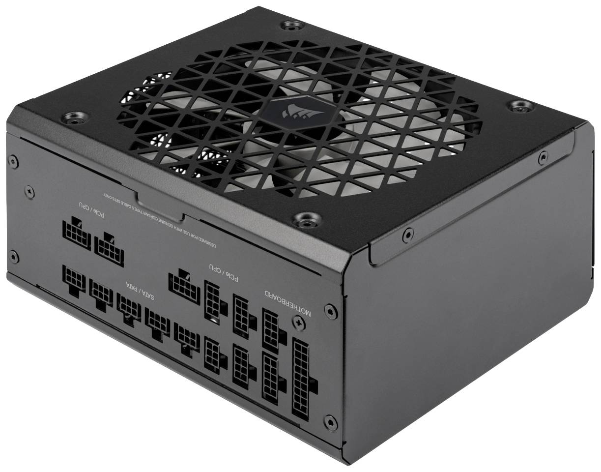 Alimentatore nero per computer con diversi attacchi di alimentazione e un ventilatore in alto.