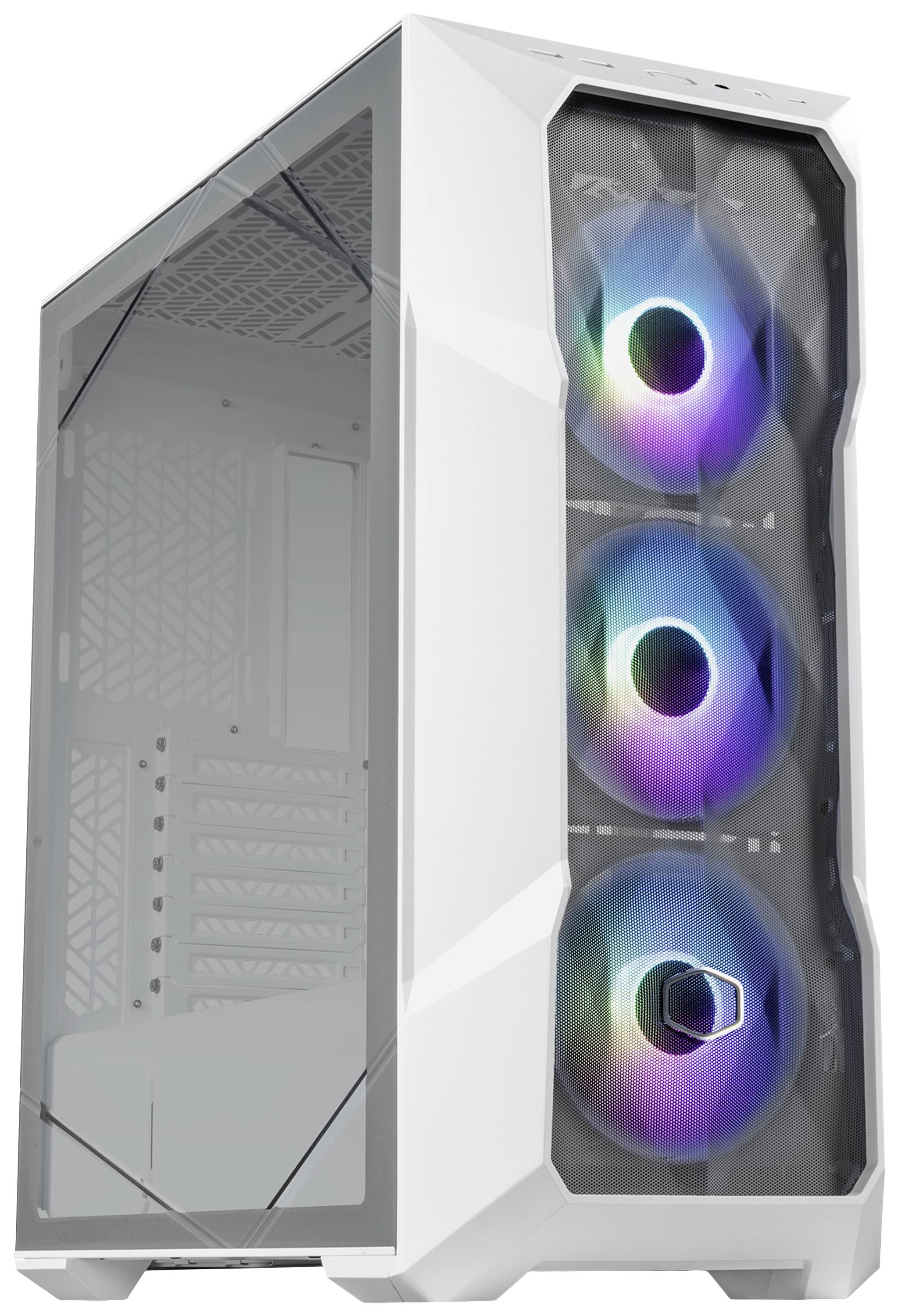 Un case per computer bianco con tre ventole illuminate sul lato anteriore. Le ventole brillano in colori diversi.