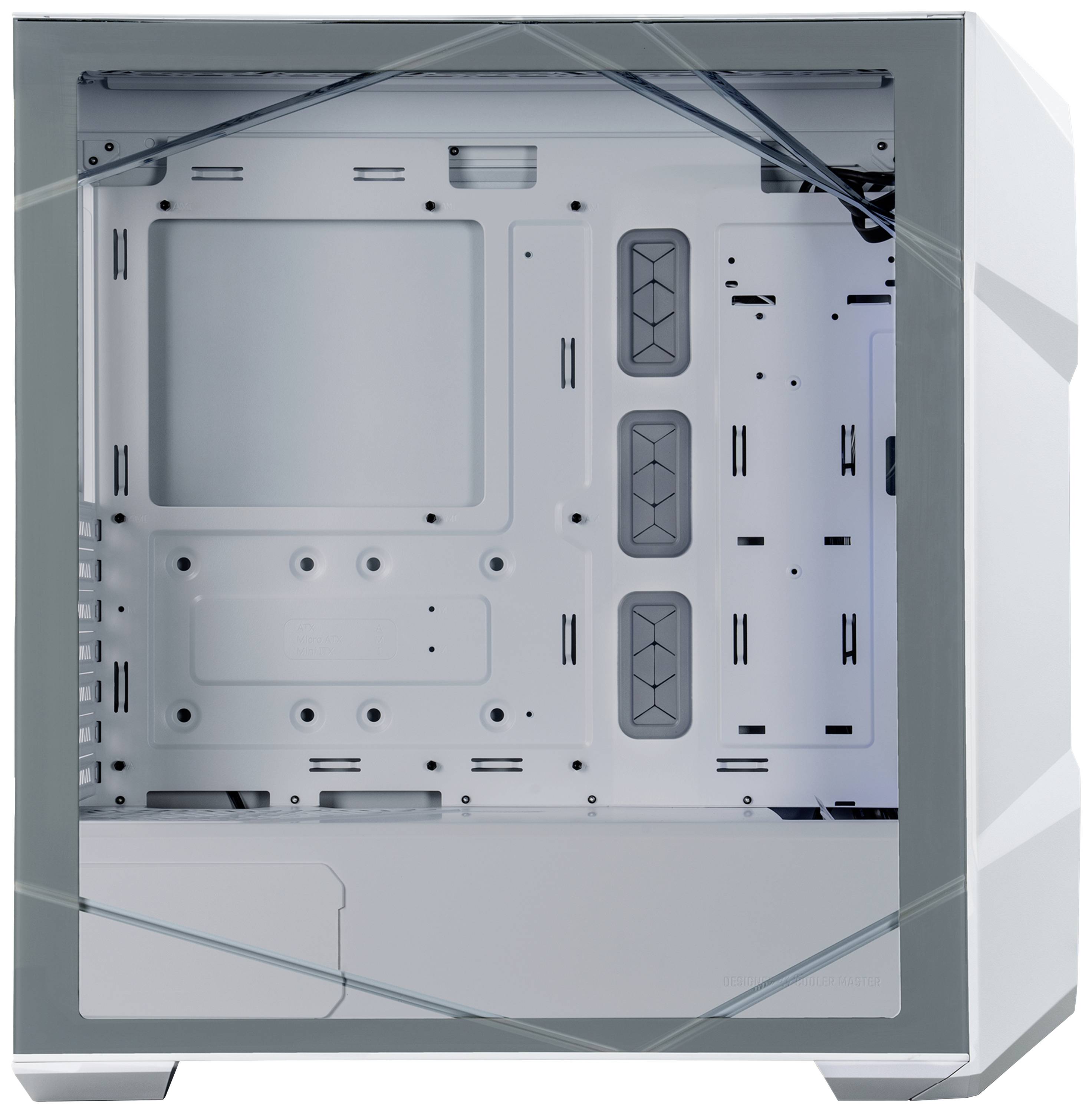 Un case per computer bianco vuoto con finestra laterale trasparente, idoneo per l'installazione di componenti hardware.