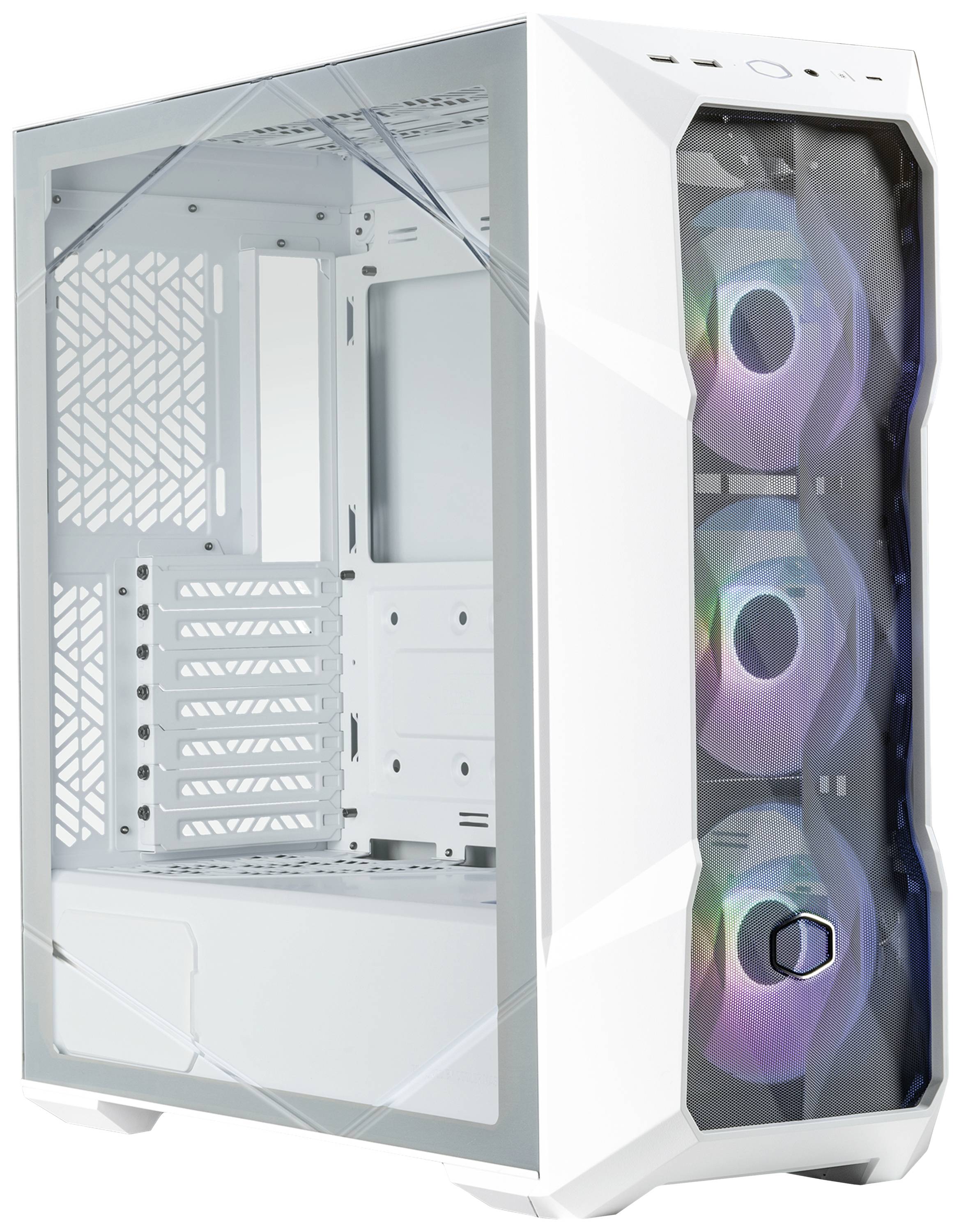 Un case bianco per computer con lati trasparenti e un pannello frontale che mostra tre ventole illuminate con RGB.