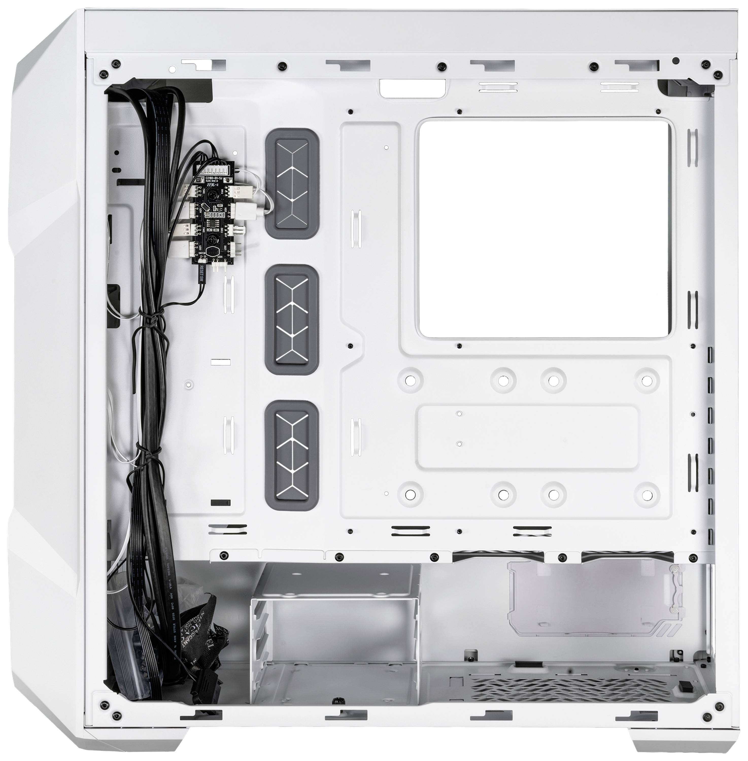 Custodia per computer bianca senza componenti, con vano interno aperto, cavi sul lato e alloggiamenti per unità e altre apparecchiature hardware.