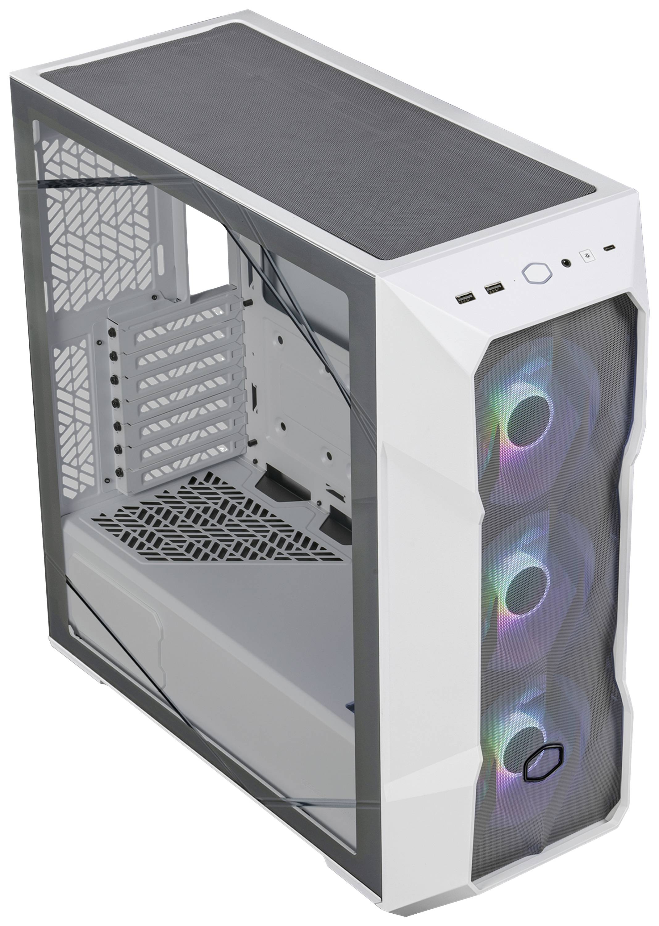 Un case per computer bianco con ventole illuminate da LED sul lato frontale. Presenta diversi vani di espansione e aperture di ventilazione.