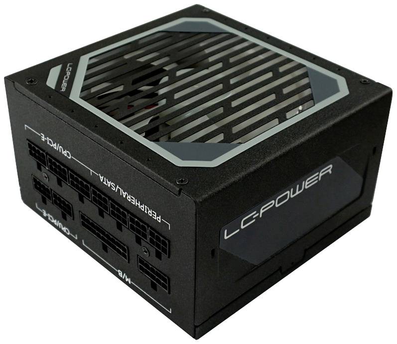Alimentatore nero LC-Power con griglia di ventilazione superiore e diversi connettori sul lato. Adatto per l'alimentazione di computer.