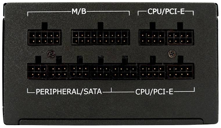 Retro di un alimentatore con connettori per M/B (scheda madre), CPU/PCI-E e periferiche/SATA.