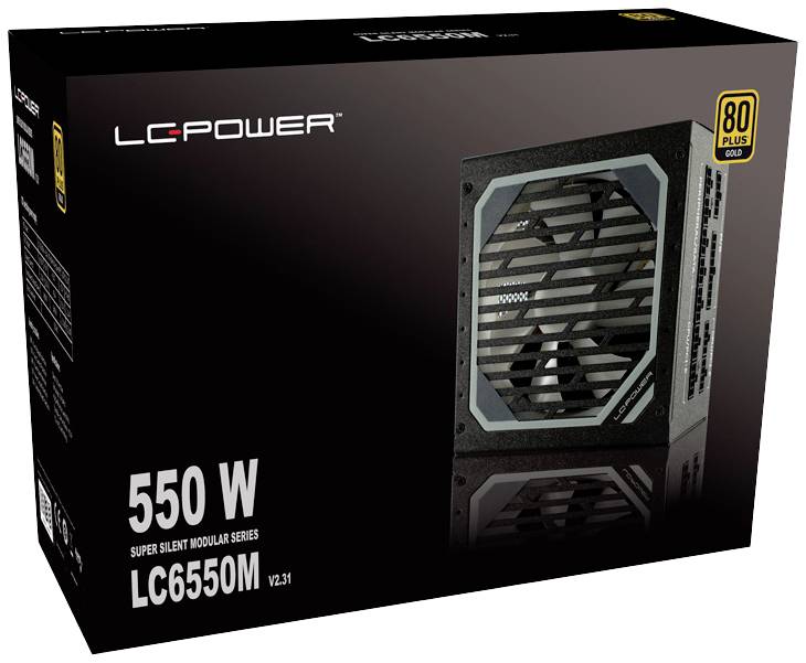 Confezione nera di un alimentatore con la scritta 'LC-Power 550 W LC6550M V2.31', mostra un'immagine del prodotto con griglia di ventilazione.