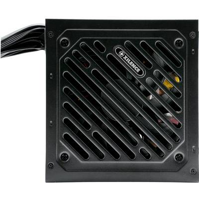 Alimentatore nero per computer con griglia di ventilazione e fascio di cavi sul lato sinistro. Viti visibili in tutti gli angoli.