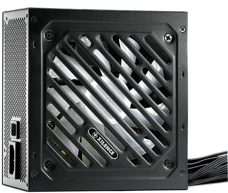 Alimentatore nero per computer con griglia di ventilazione, fascio di cavi sul lato destro, adatto per l'alimentazione di PC.