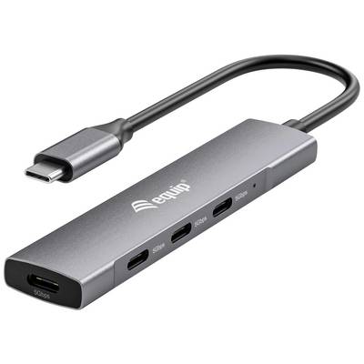 Hub USB-C con quattro porte per il trasferimento dati, custodia in metallo, collegabile a un dispositivo con porta USB-C, compatto e portatile.
