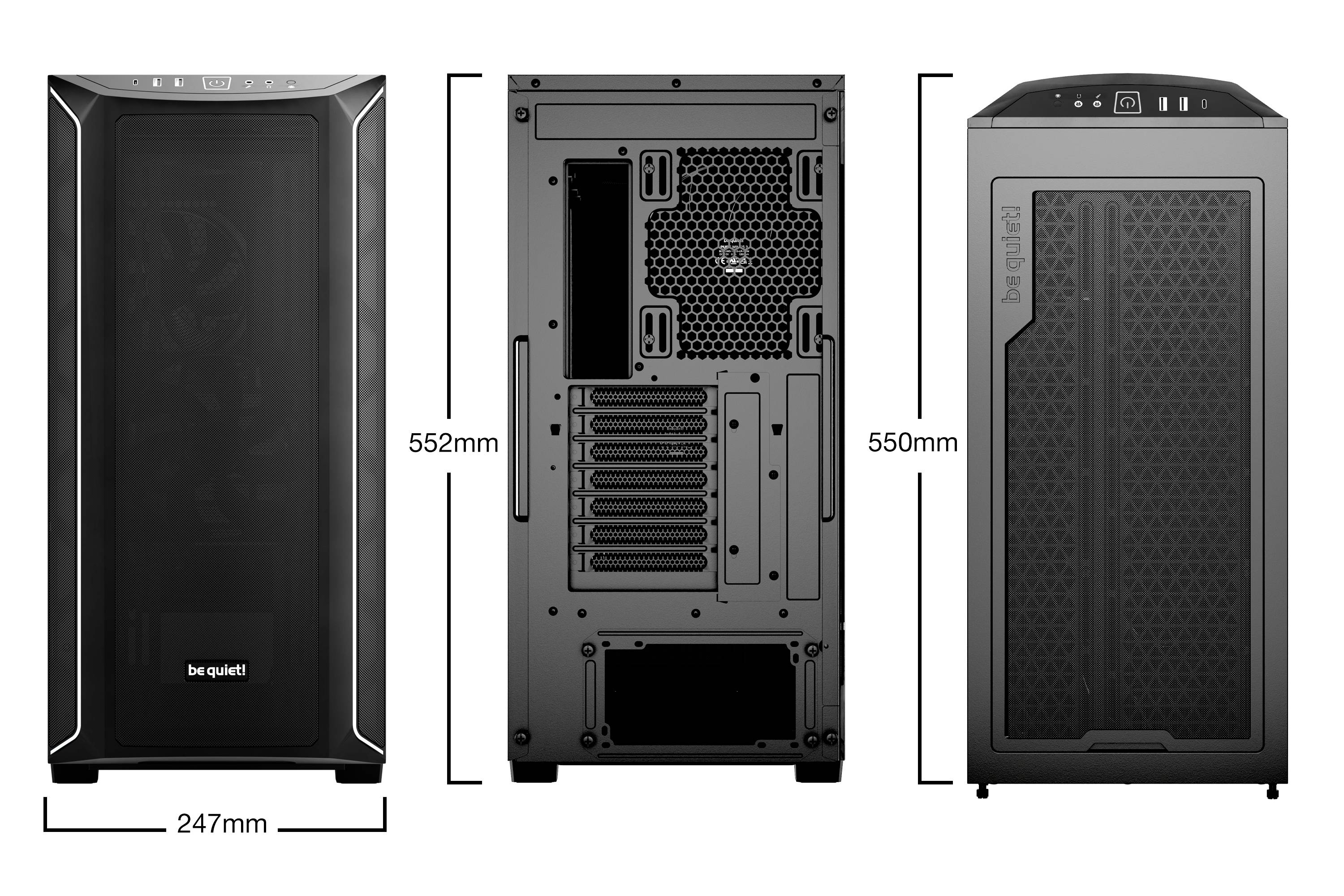 Figura mostra un case per PC da davanti, dietro e dall'alto. Dimensioni: 247mm larghezza, 552mm altezza, 550mm profondità. Logo del produttore 'be quiet!' visibile.