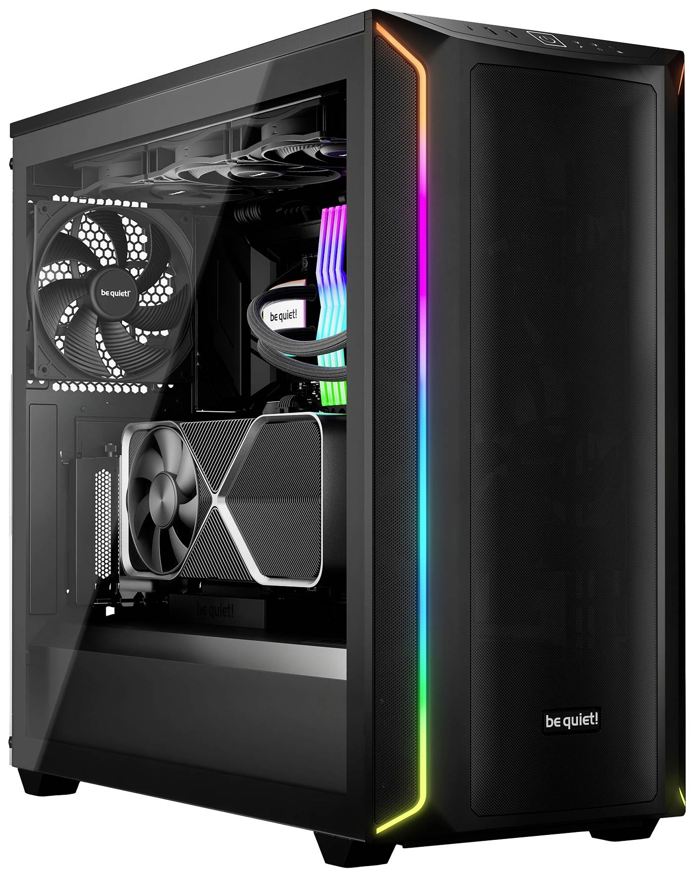 Case nero per computer con pannello laterale trasparente, ventola integrata e illuminazione RGB; mostra i componenti interni del PC.