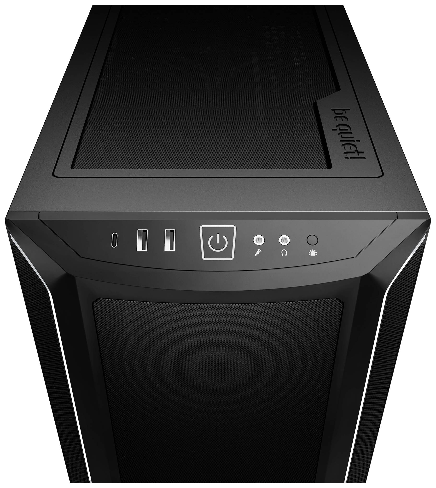 Un case nero per computer con porte USB e audio, nonché un grande interruttore di accensione/spegnimento sul lato frontale.