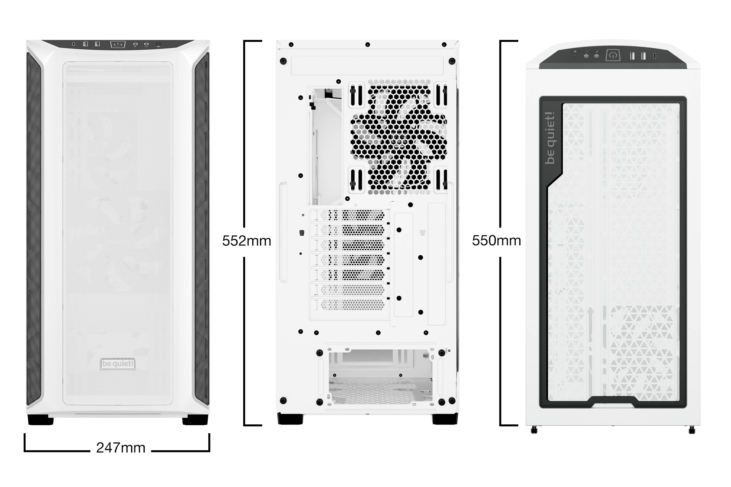 'Case per computer in bianco, vista frontale, posteriore e laterale. Dimensioni: larghezza 247 mm, altezza 552 mm (vista posteriore) e 550 mm (vista laterale).'