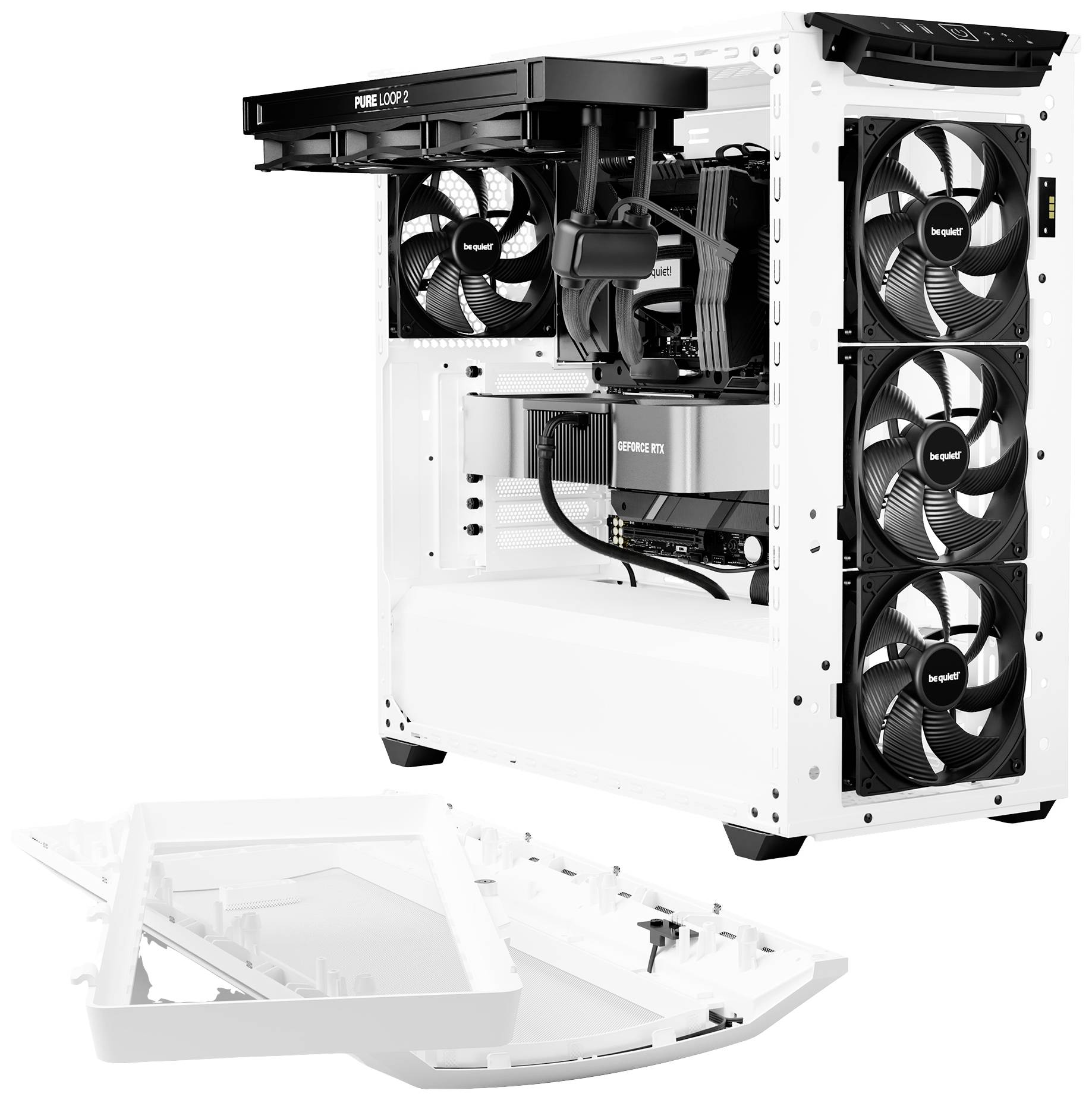 Un case bianco aperto di un computer con più ventole visibili, parte del coperchio frontale rimosso; mostra la struttura interna e il sistema di raffreddamento.