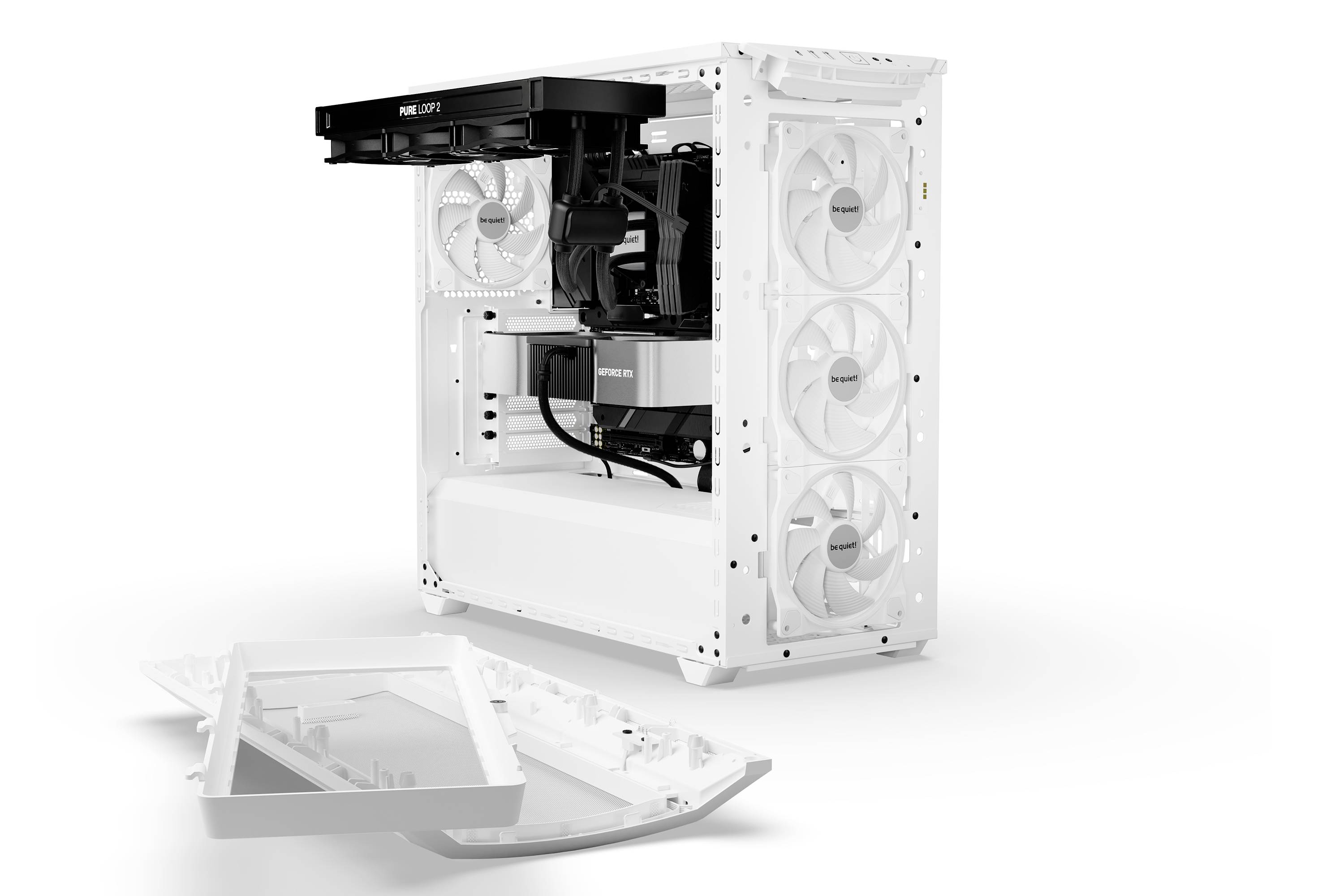 Un case bianco aperto di un computer con ventole e componenti di raffreddamento visibili. La copertura anteriore è stata rimossa per mostrare l'interno.