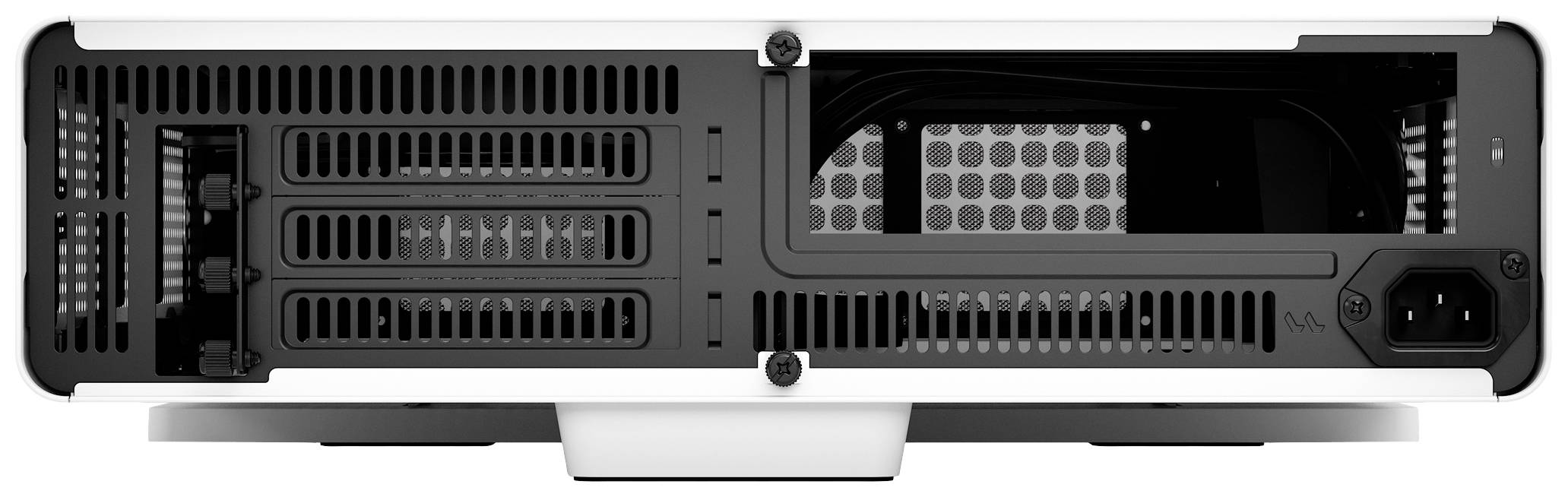 Vista posteriore di un case per computer con fessure di ventilazione, slot di espansione e connettore di alimentazione.