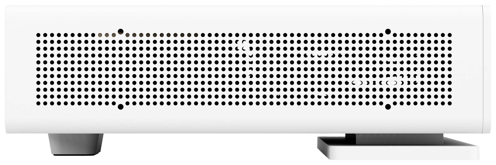 Un piccolo dispositivo metallico bianco con molte aperture di ventilazione sul lato anteriore. Poggia su due gambe e ha un design essenziale.