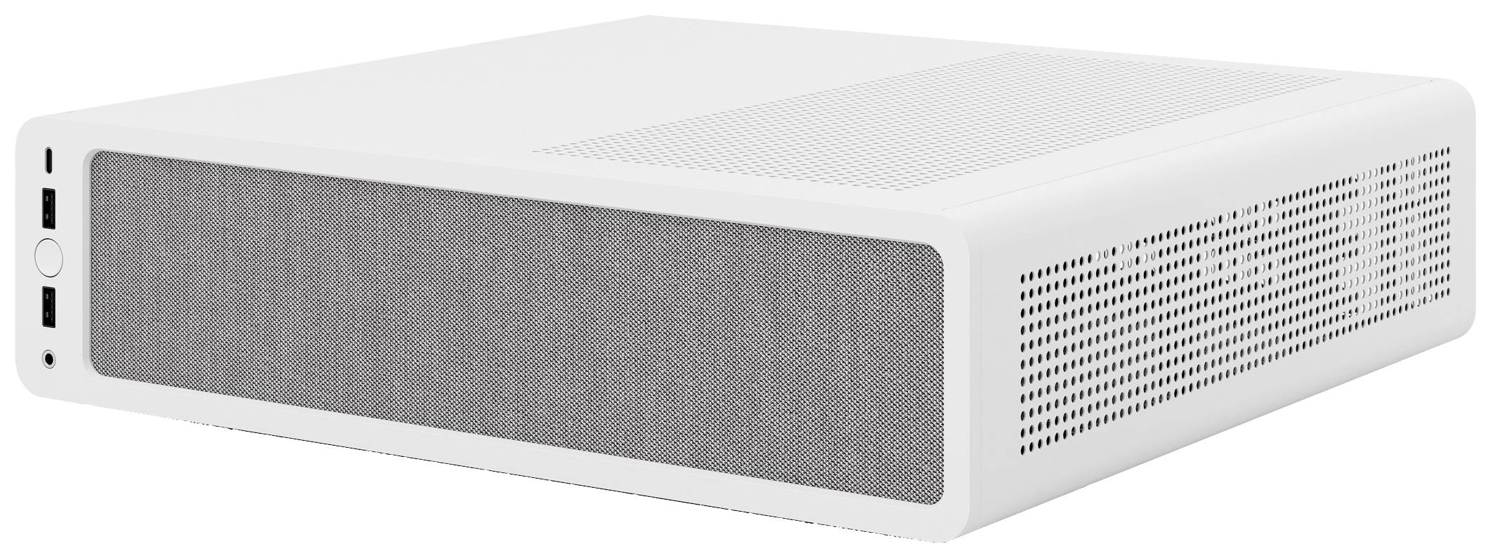 Case bianco, rettangolare per computer, con parte anteriore a griglia e fessure di ventilazione sui lati. Comprende porte USB e interruttore di accensione.