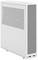 Un case per computer bianco e moderno con fessure di ventilazione sui lati e porte anteriori; orientamento verticale.