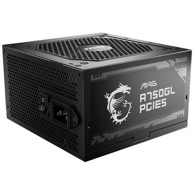 Alimentatore nero con logo e scritta 'MAG A750GL PCIE5'. Dispone di una funzione di accensione e spegnimento e possibilità di connessione.