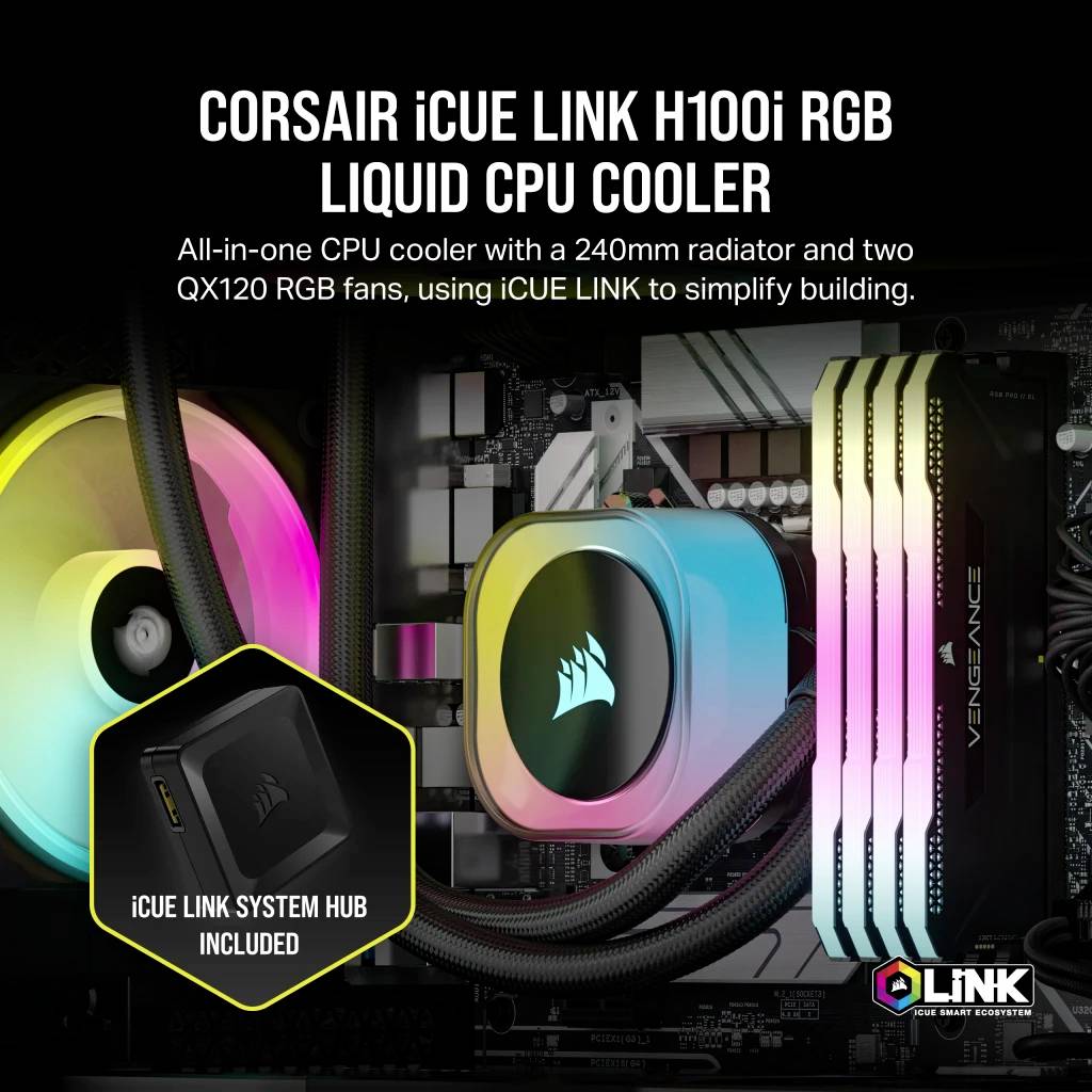 CORSAIR DISSIPATORE ICUE LINK H100I RGB AIO, 240MM RADIATOR, LIQUID CPU COOLER-14