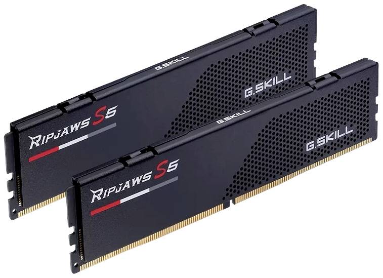 Due moduli RAM G.Skill Ripjaws S5 di colore nero con barre di connessione dorate, disposti in modo rettangolare e parallelo.