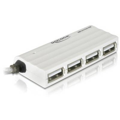 Un hub USB bianco con quattro porte e un cavo collegato, adatto all'espansione delle porte USB nei computer.