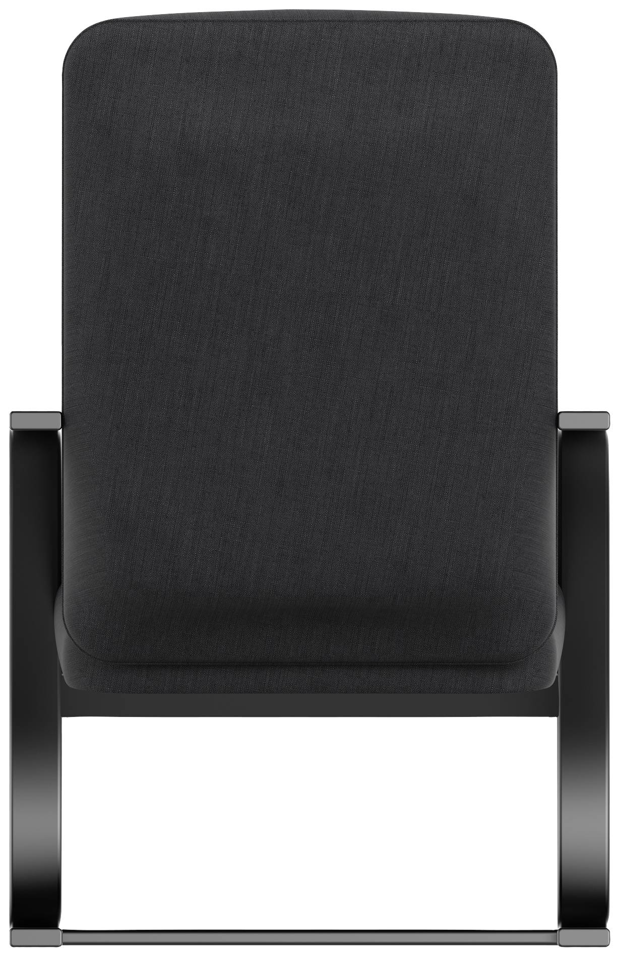 Poltrona nera, moderna con braccioli, dal design essenziale, vista frontale dall'alto. Adatta per soggiorno o ufficio.