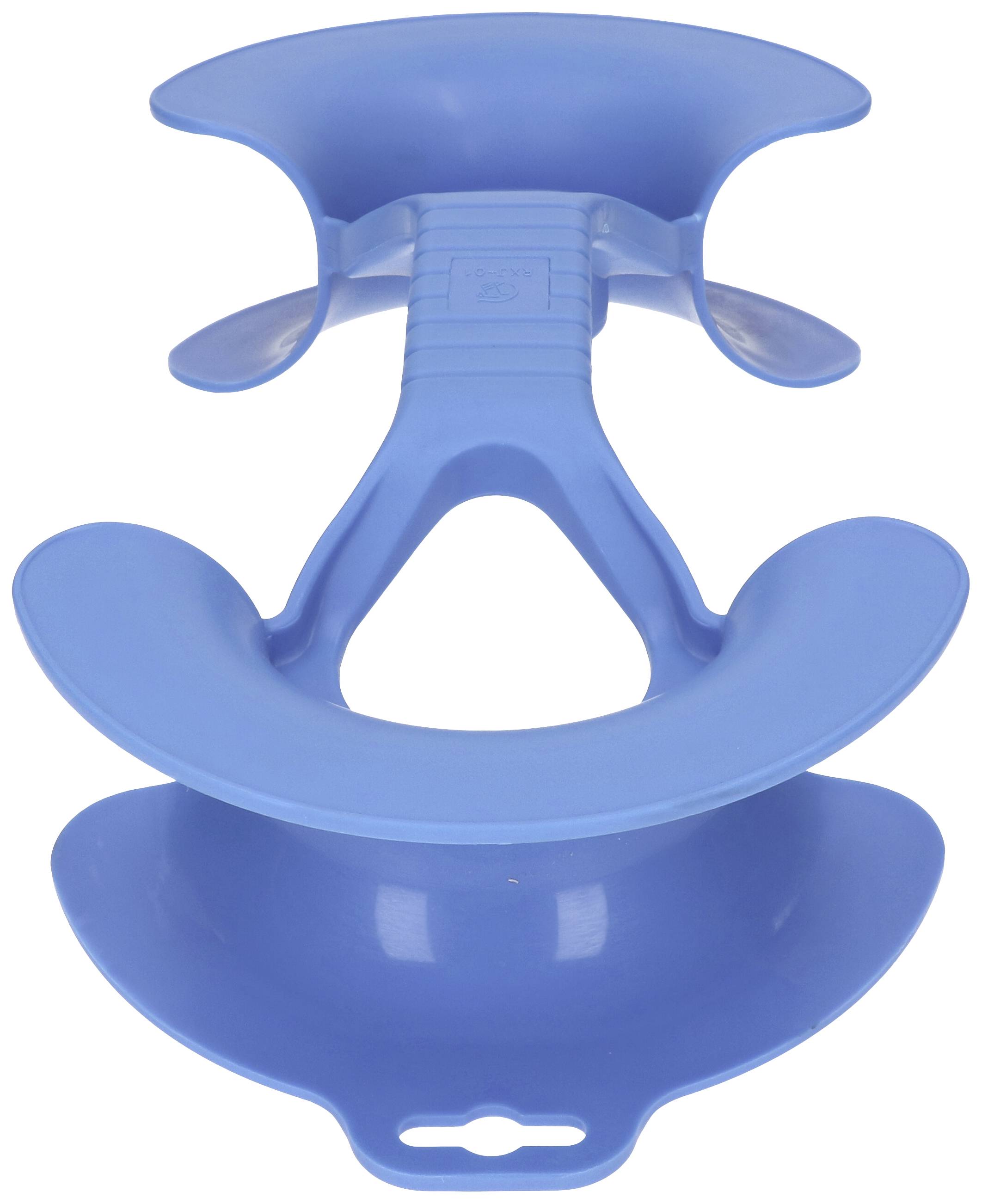 Un dispositivo blu in plastica con quattro elementi curvi, probabilmente un supporto o un dispositivo di protezione per uno scopo specifico.