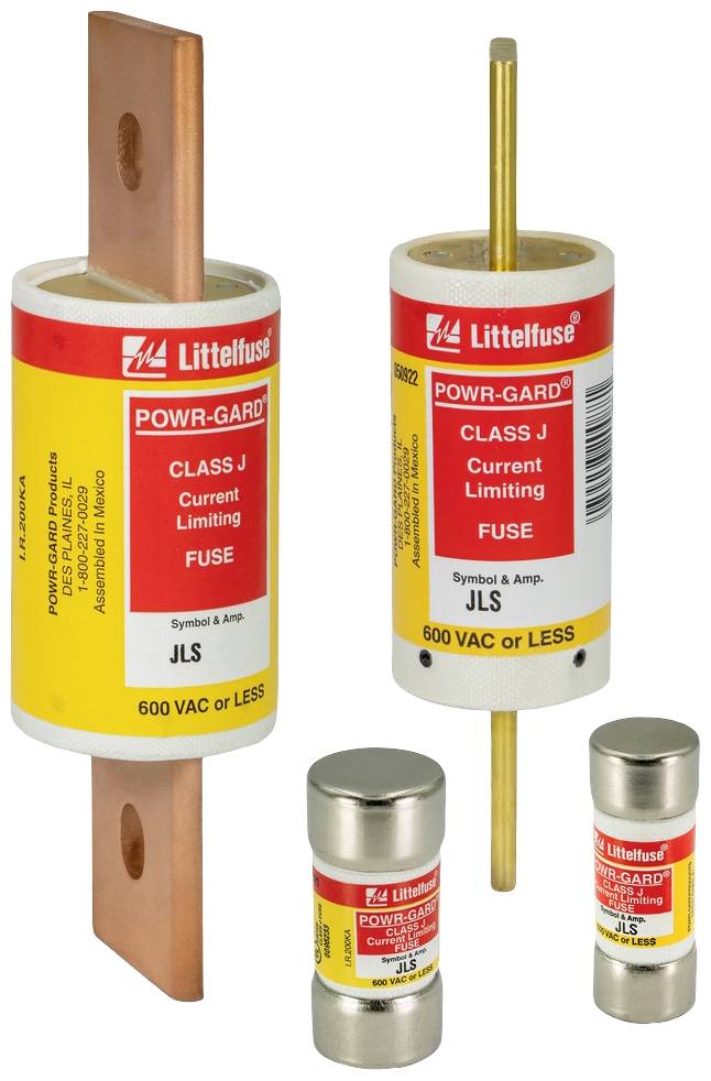 Diversi tipi di fusibili limitatori di corrente Littelfuse POWR-GARD della classe J, idonei per applicazioni fino a 600 VAC.