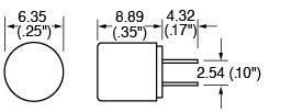 Figura di un connettore cilindrico con dimensioni: diametro 6,35 mm, lunghezza 8,89 mm. Distanze dei pin: 4,32 mm e 2,54 mm.