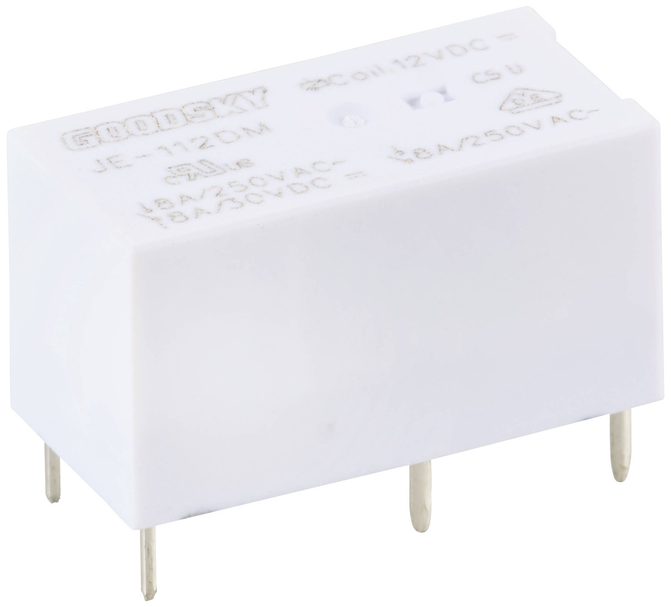 Un relè bianco rettangolare con la scritta 'GOODSKY', tensione di bobina 12 VDC, capacità 8A/250V AC, quattro pin di connessione sul fondo.