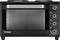 Un forno nero da tavolo con porta in vetro e diversi selettori rotanti sul lato destro per la regolazione della temperatura e il controllo del timer.