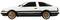 Un'auto in miniatura bianco-nera di profilo con cerchi arancioni, che rappresenta un design automobilistico sportivo vintage.