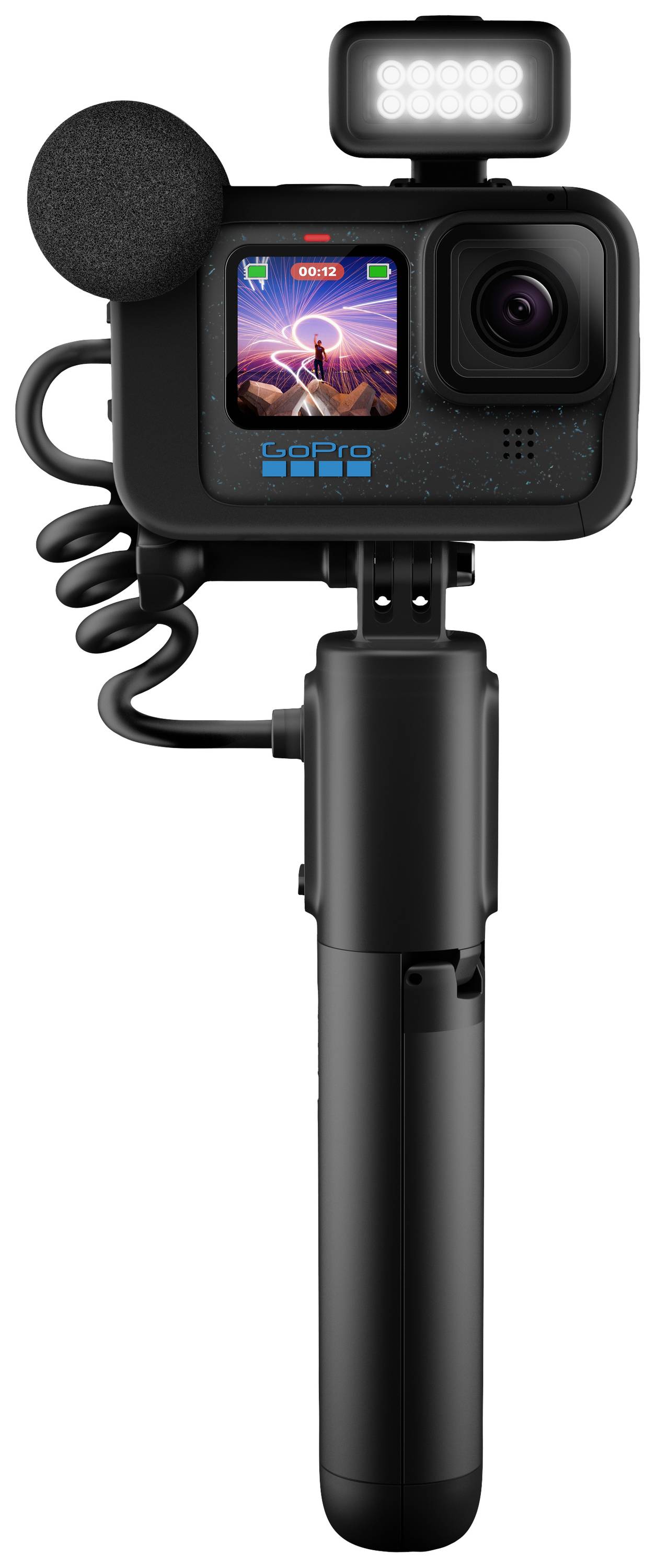 Videocamera d'azione con display, microfono e luce LED su un impugnatura. Ideale per riprese video in movimento e in condizioni di scarsa illuminazione.