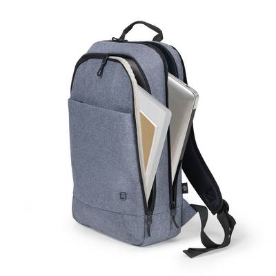 Uno zaino grigio con due scomparti aperti, in cui sono alloggiati un laptop e un quaderno grande.