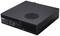 Un mini PC compatto nero con multiple porte USB e ingressi audio sul lato frontale.