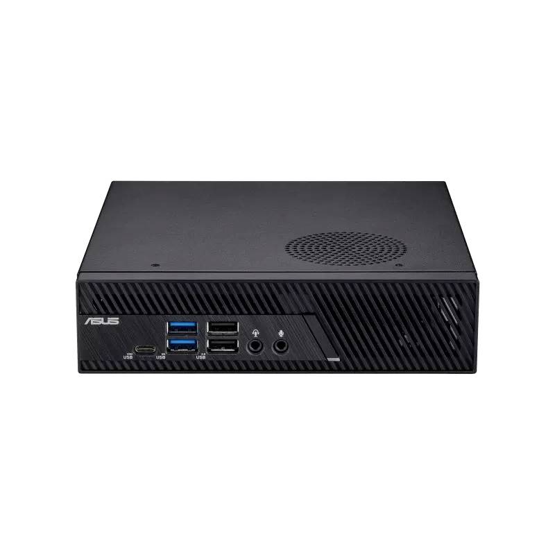 Un mini PC nero di ASUS con diverse porte sul lato frontale, tra cui porte USB e jack audio.