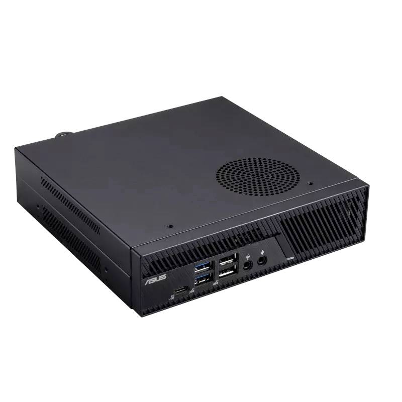 Un mini PC nero con un ventilatore sulla parte superiore. Anteriormente sono presenti le porte: porte USB, un jack audio e un interruttore di accensione/spegnimento.