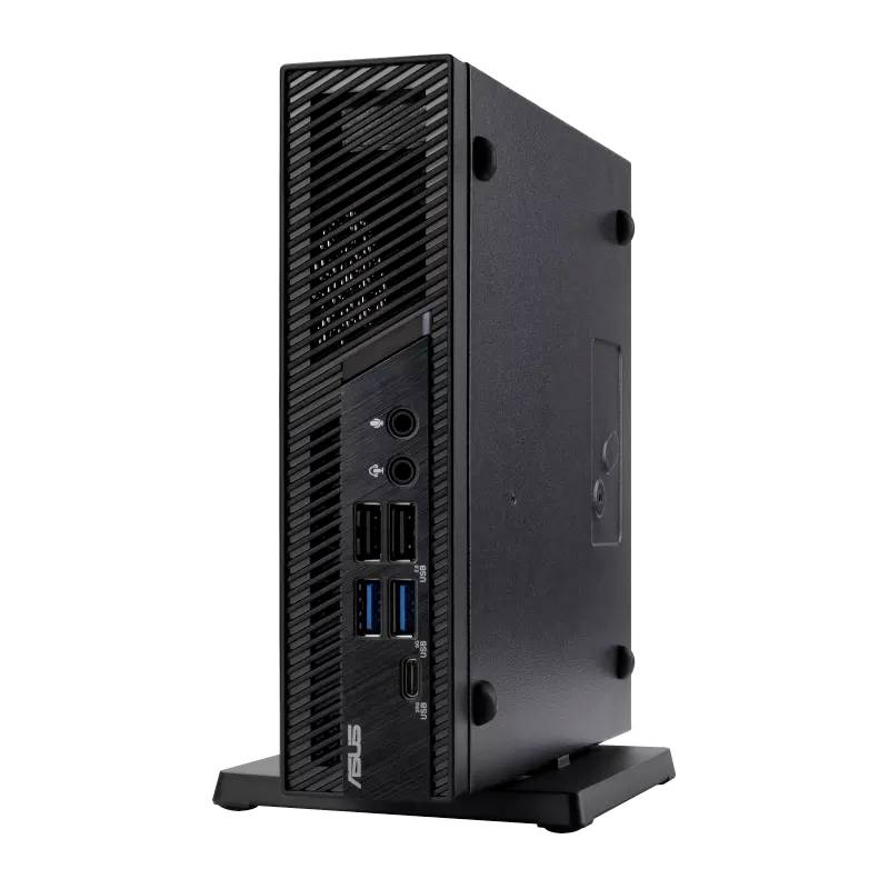 Un mini PC nero con diversi porte USB e connettori audio sul lato frontale, in piedi su un piedistallo.