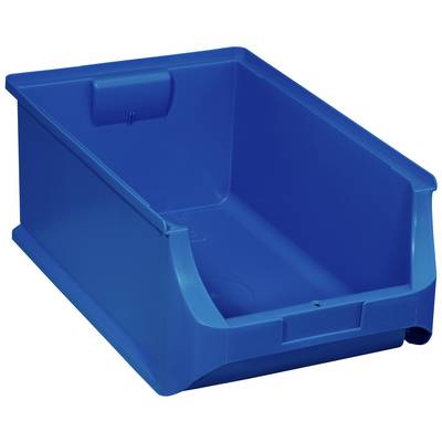 Contenitore di stoccaggio blu in plastica con apertura frontale, ideale per l'organizzazione e lo stoccaggio di oggetti.