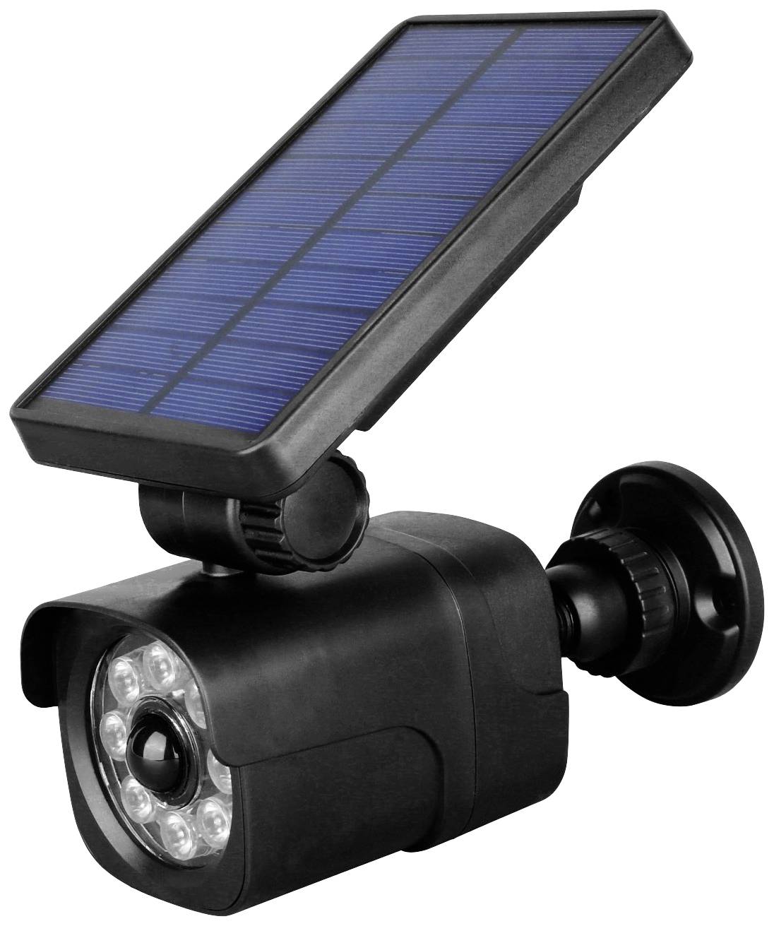 Telecamera di sorveglianza alimentata a energia solare con luci LED, ideale per la videosorveglianza esterna. Pannello solare sulla parte superiore per l'alimentazione energetica.