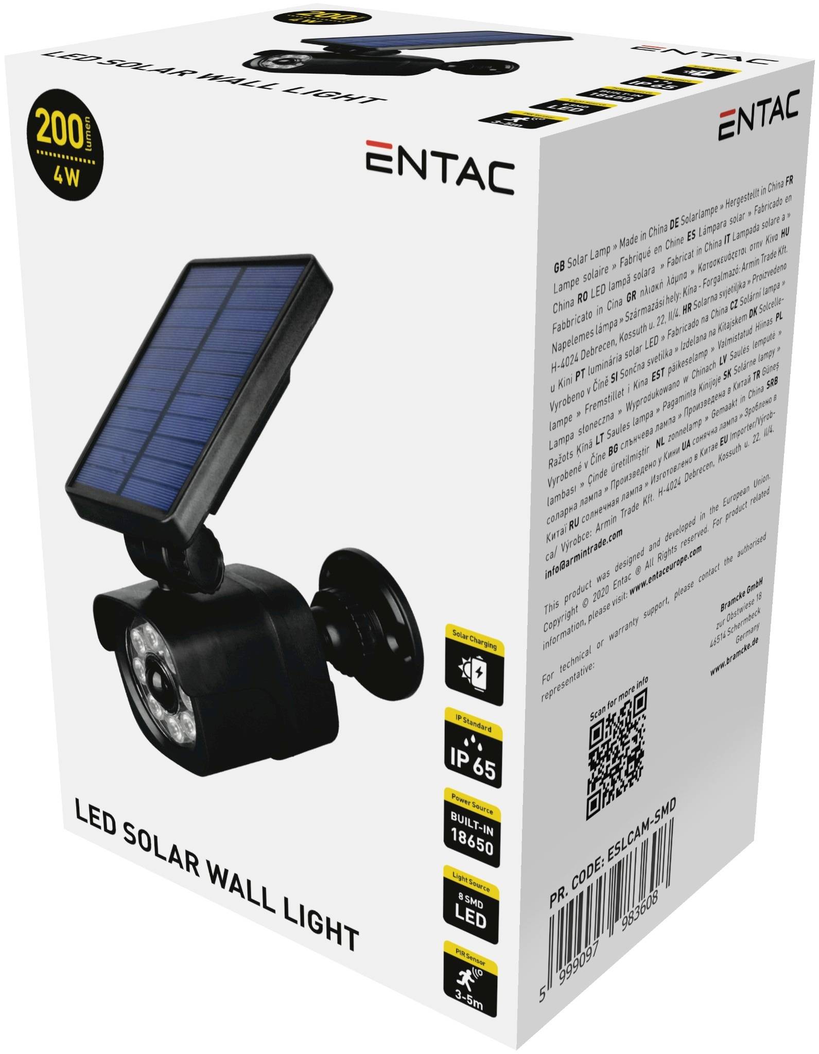Scatola di cartone con applique solare a LED marca 'ENTAC', simbolo del sole, 4W, luminosità di 200 lumen, protezione IP65 contro l'acqua.