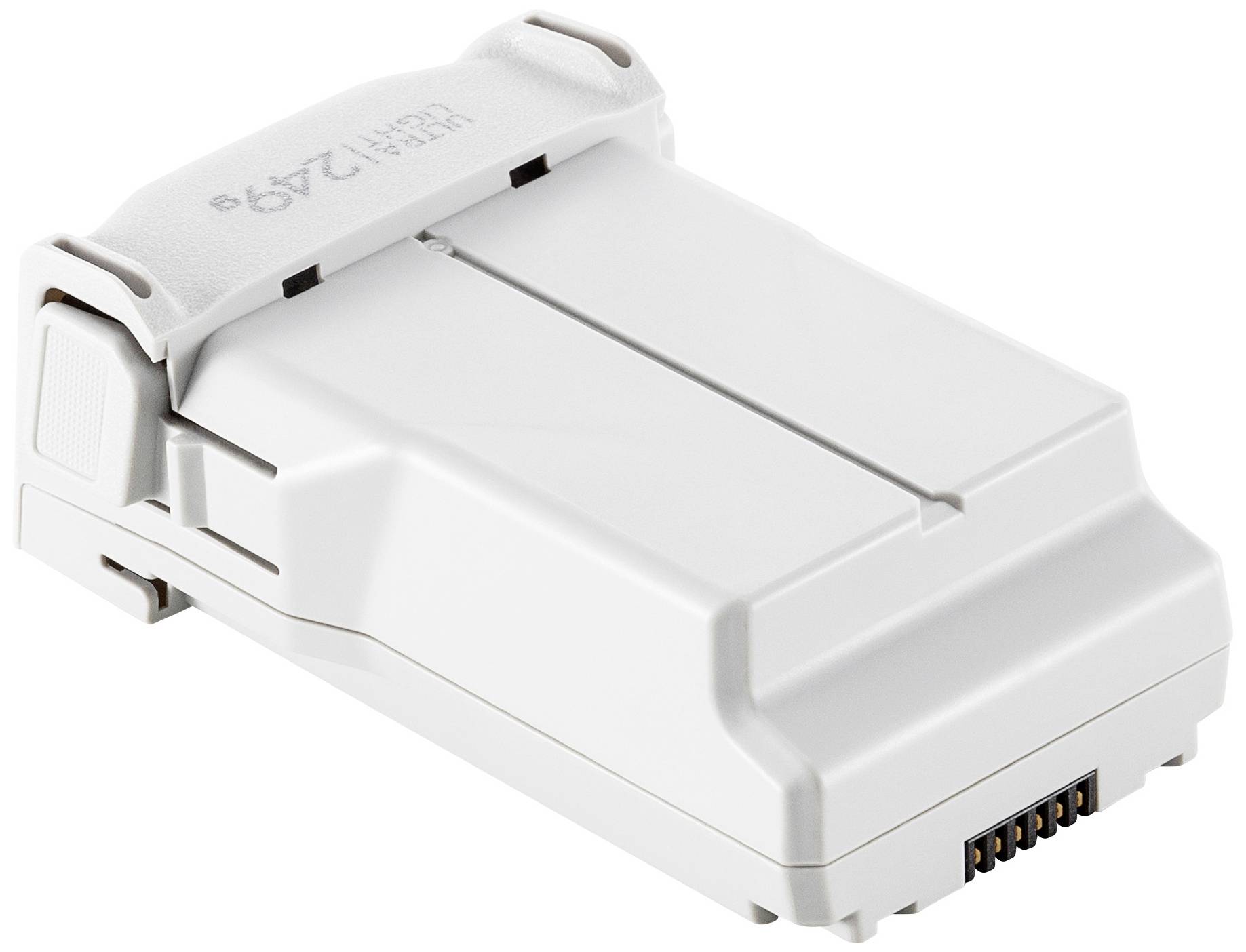 Una batteria grigia rettangolare per fotocamera con connettori sul lato inferiore.