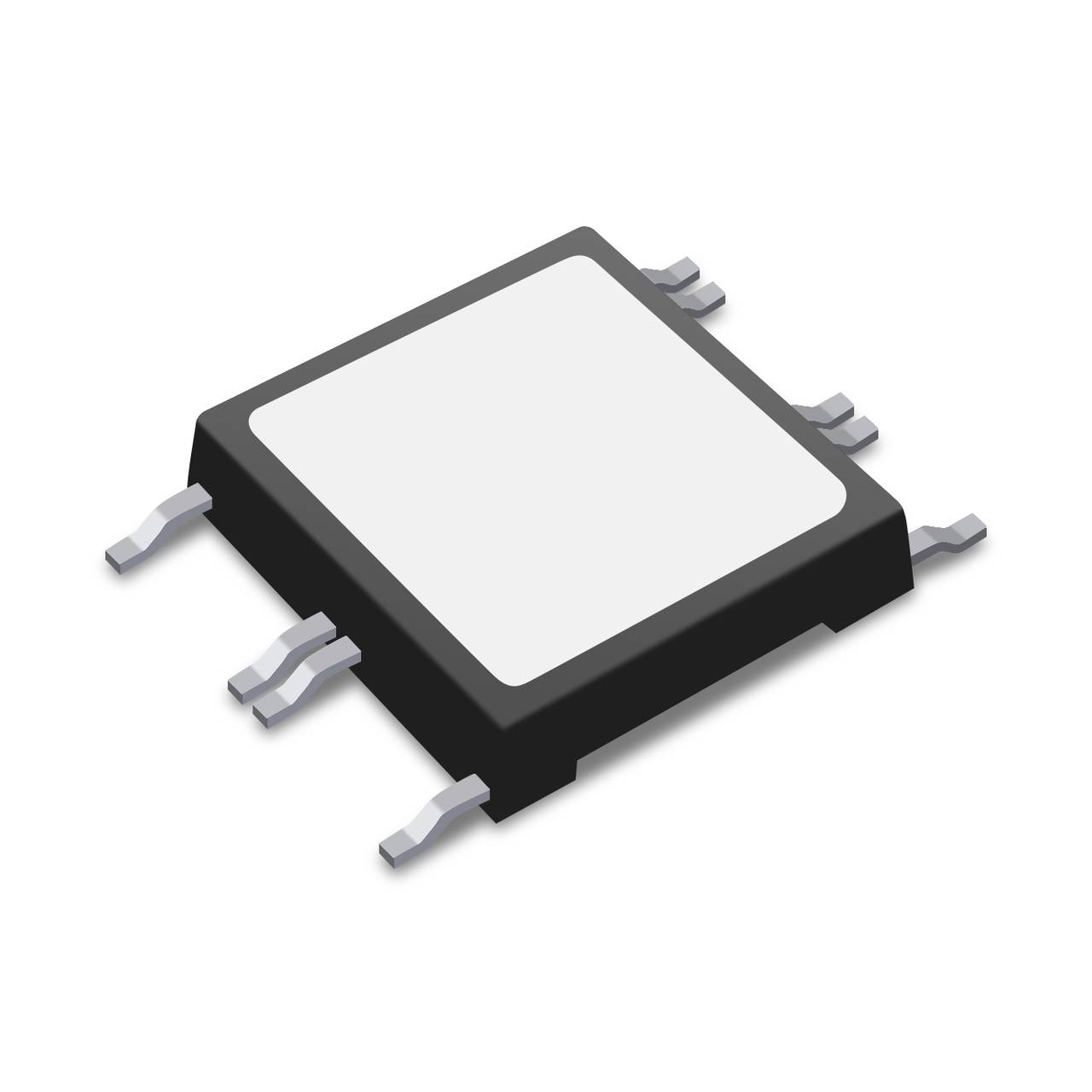 Un chip elettronico in un involucro nero con otto connettori, quattro su ciascun lato.