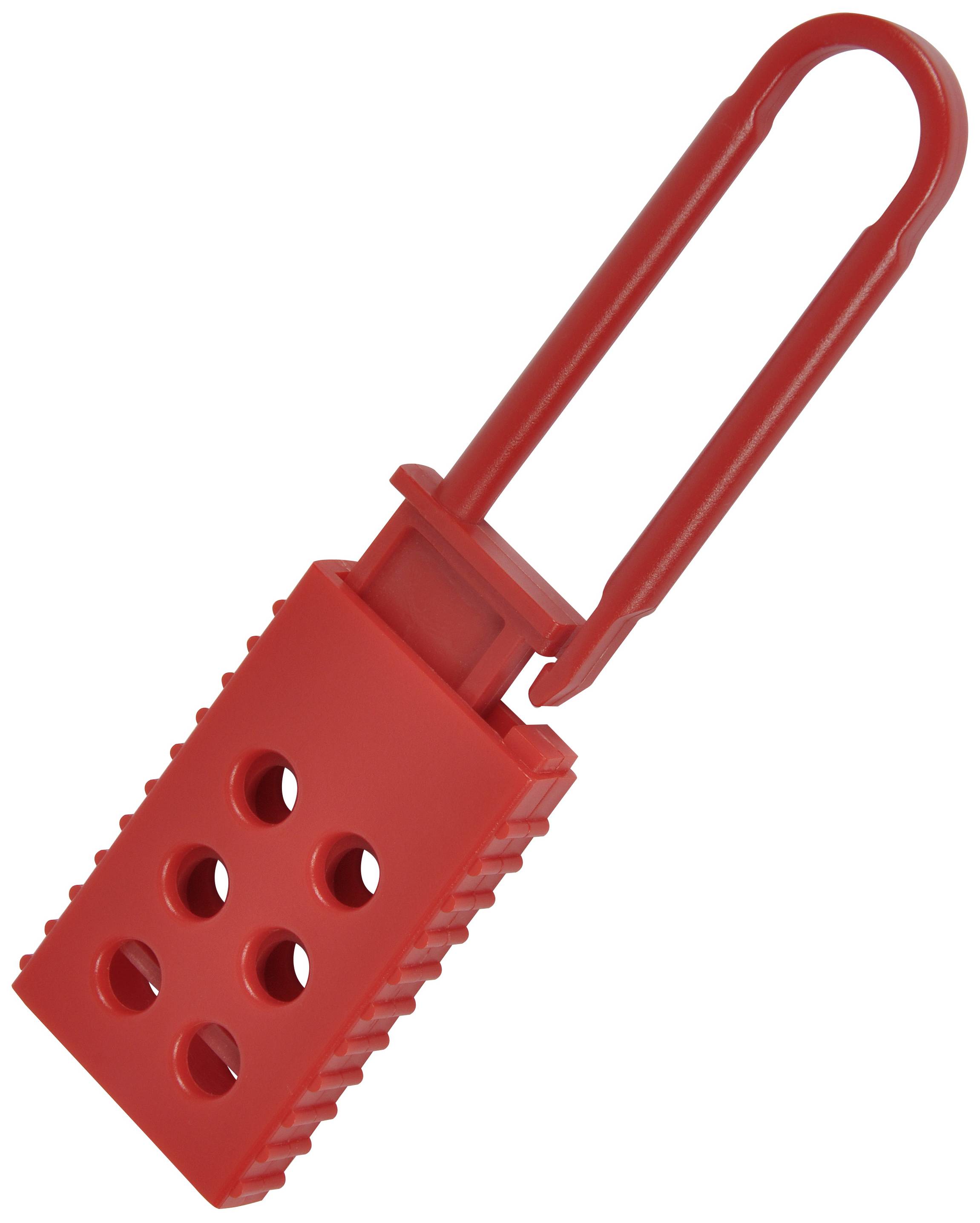 Un lucchetto rosso in plastica con diversi fori rotondi e una costruzione ad arco lunga.