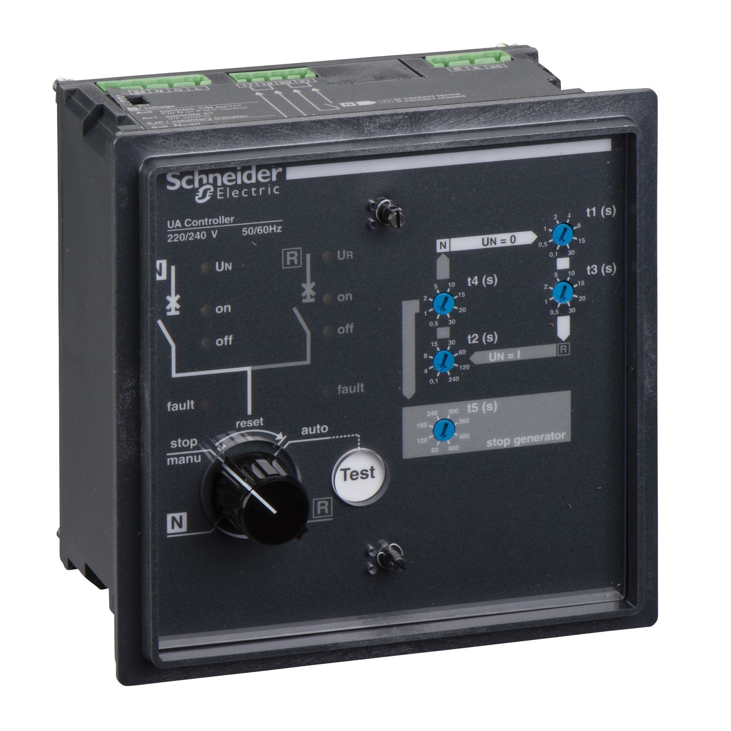 Regolatore elettrico di controllo di Schneider Electric con pulsanti e interruttore, contrassegnato con 'stop', 'reset', 'manu', 'auto'.