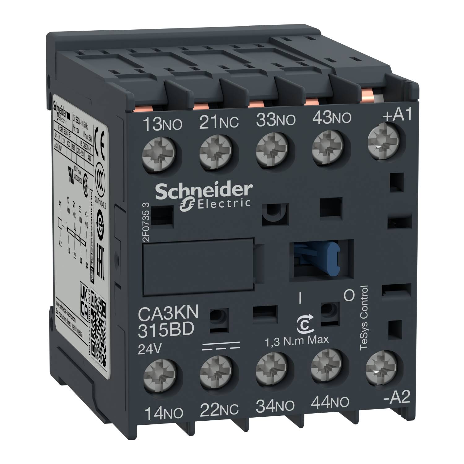 'Schneider Electric Contattore CA3KN 315BD, 24V, con 10 morsetti di connessione. Struttura compatta, alloggiamento scuro.'