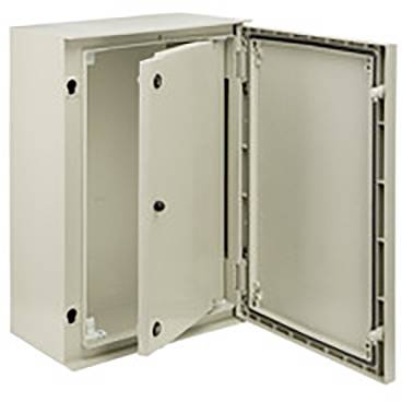 Un involucro elettronico beige con porta aperta, che mostra la vista interna. Adatto per proteggere componenti elettronici.