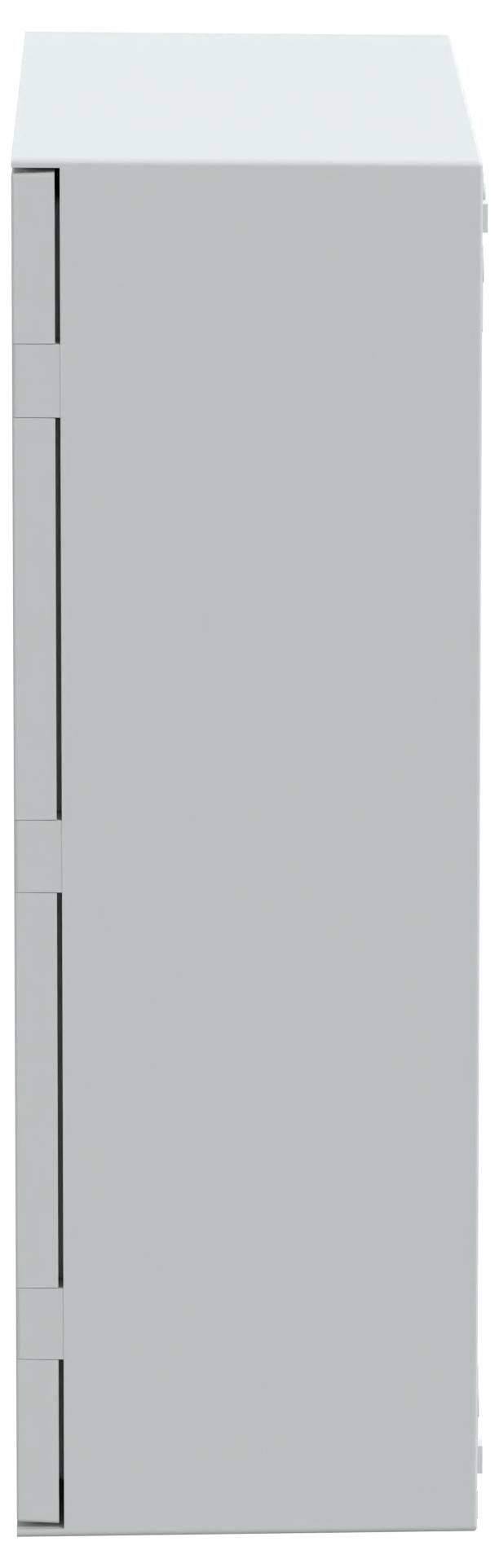 Un armadio grigio chiuso e sobrio, visto di lato, che mostra la sua struttura minimale e tre cerniere visibili.